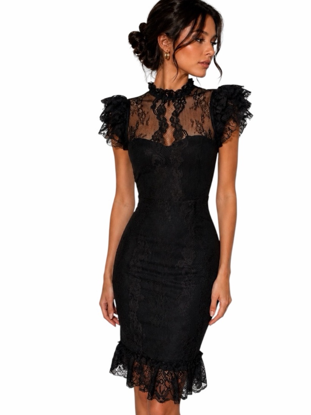 Lulus XS Black Lace Stretch Bodycon Ruffle Sleeve Dress Formal Elegant Black Tie